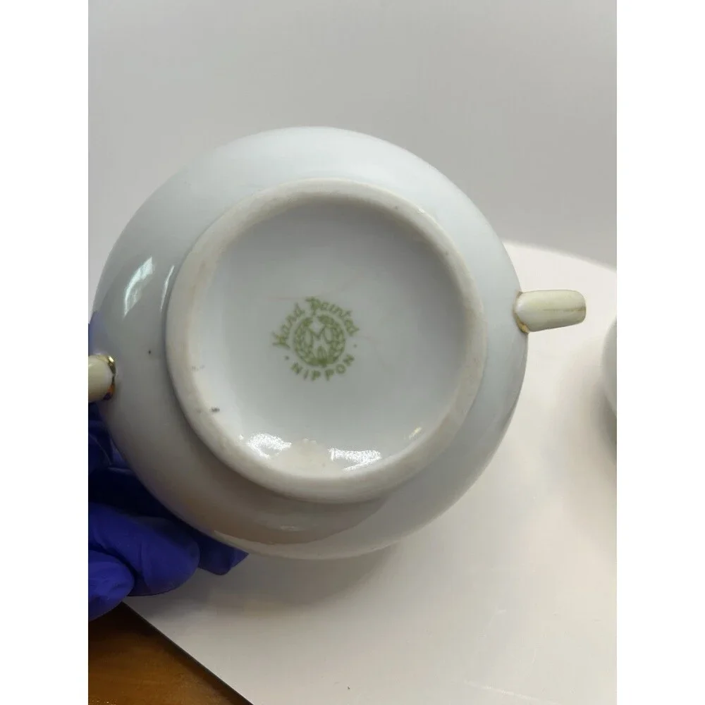 Nippon Floral Hand Painted Porcelain Creamer & Sugar Set W/Lid Vintage